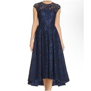 Carmen Marc Valvo Infusion Navy Blue Beaded Lace High Low Dress NEW Size 8